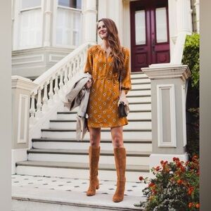 LOFT Mustard Floral Button Front Tie Waist Dress Medium Boho Cottagecore Office